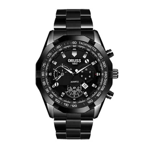 Montre homme en acier inoxydable noir avec lunette octogonale et fonction chronographe
