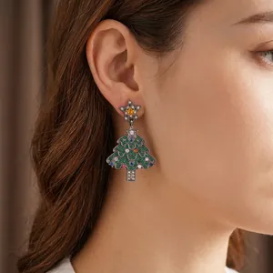 Vintage Christmas tree earrings with green zircon and sparkling star studs for women