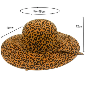 Leopard print wide brim wool hat showing 56-58cm head size and 10cm brim width details