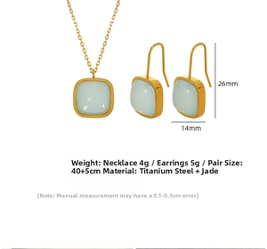 Detailed specs of titanium steel jade necklace and earrings with precise measurements