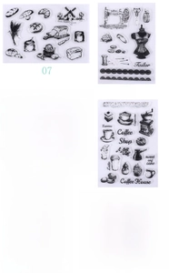 Macro view of clear silicone stamps featuring vintage icons, bakery, and landmarks