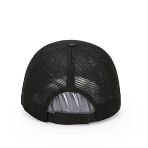 Breathable black mesh baseball cap with adjustable hook and loop closure back view