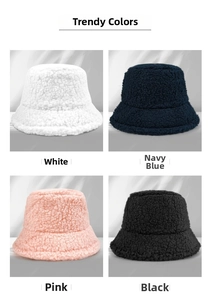 Detail of lamb wool bucket hats in white, navy, pink, and black with plush texture