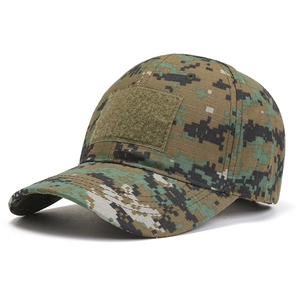 Detail of digital camouflage tactical cap featuring front hook and loop patch and ripstop fabric