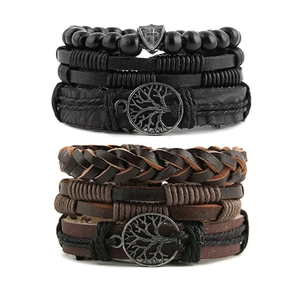 Multi-Layer Leather Beads Bracelet Tree Of Life Shield Charms Hand-Woven Retro Style Men Jewelry Accessory