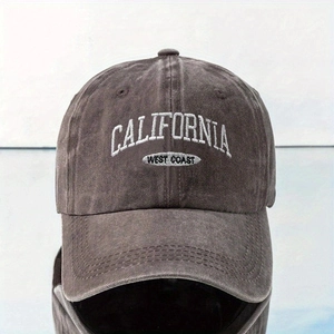 Close-up of California West Coast embroidery on a washed cotton vintage baseball cap