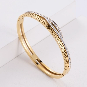 Fashion Bangle Bracelet Stainless Steel Zircon Greek Key Meander Pattern Hinged Cuff For Women Hollow Out Jewelry