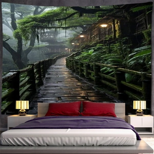 Detailed view of forest dream tapestry hanging as a bedroom wall headboard backdrop