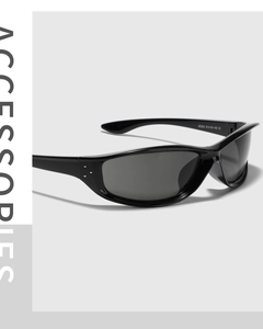Detailed close-up of square Y2K sunglasses frame with triple metal rivet hinges