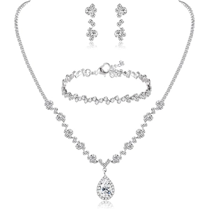 Elegant silver bridal jewelry set with water drop rhinestone necklace earrings and bracelet