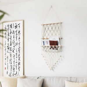 Bohemian 3-tier macrame wall hanging shelf with cotton rope tassels for magazine storage