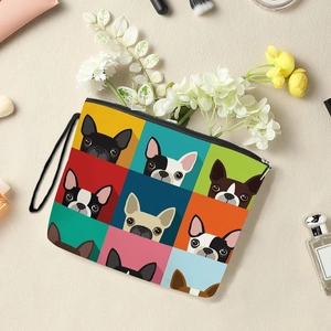 Portable puppy checkered makeup bag with colorful French Bulldog print and top handle