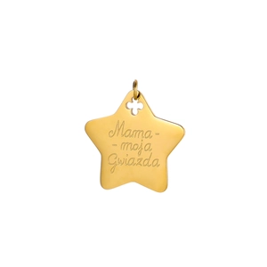Pendentif étoile en acier titane doré avec gravure Mama moja Gwiazda et trèfle ajouré