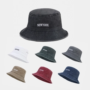 Vintage Washed Cotton Bucket Hat New York Letter Embroidery Breathable Metal Eyelets Retro Sun Protection Outdoor Hat