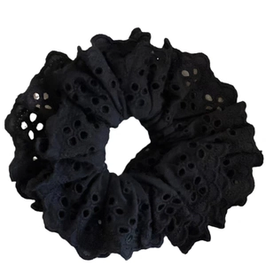 French style black lace cutout scrunchie with elegant floral embroidery for women