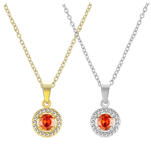 Elegant stainless steel necklaces with round orange zircon pendants in gold and silver finish