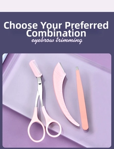 Three-piece eyebrow trimming set with pink razor, scissors and tweezers for beginners
