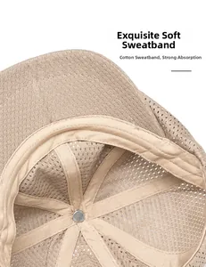 Close-up of the soft cotton sweatband and breathable mesh lining of the khaki sun hat