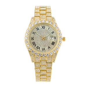 Men's Quartz Watch Iced Out Full Diamond Inlaid Alloy Case Metal Strap Date Calendar Roman Numeral Casual Luxury Hip Hop Wristwatch