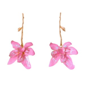 Vintage style floral drop earrings with pink petals and golden branch shaped hooks