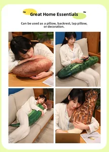 Detailed views of creative 3D printed vegetable plush pillows in home and office scenes