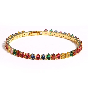 18K gold plated tennis bracelet with colorful pear-cut zircon stones and folding clasp
