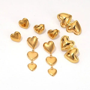 Polished 18K gold plated heart stud earrings and dangle earrings in stainless steel