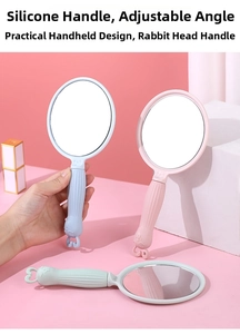 Detail showing colorful handheld mirrors with rabbit silicone handles and adjustable angles