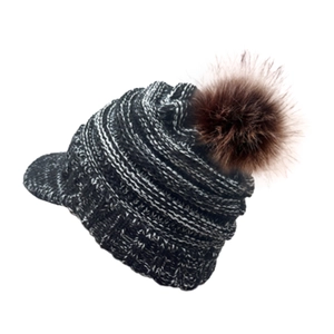 Women Winter Knitted Beanie Hat With Visor Warm Acrylic Peak Cap Faux Fur Pom Pom Outdoor Fashion Thick Windproof