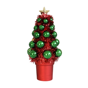 Mini red ribbon Christmas tree desk ornament with green baubles and gold star topper