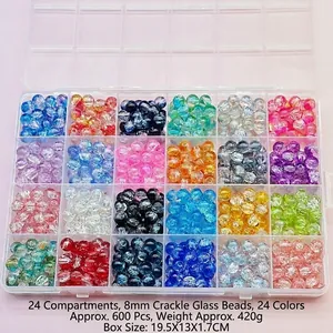 24 colors of 8mm cracked glass beads for DIY jewelry making in a 24-grid organizer box