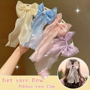 Large Bow Hair Clip Organza Net Yarn Long Ribbon Streamers Duckbill Clip Sweet Fairy Hair Accessories For Women Girls