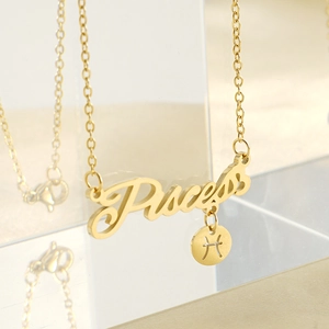 Gold 18k plated Pisces constellation necklace with circular zodiac symbol pendant