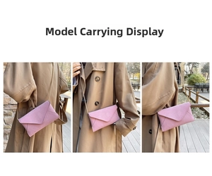 Detailed views of a pink suede envelope bag with a fine gold chain strap on a model