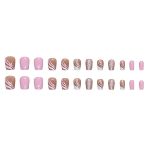 Pink glitter ballet press-on nails set with wavy line designs on white background