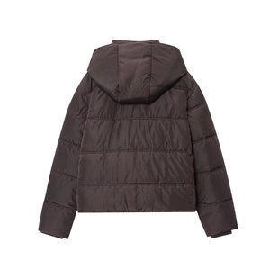 Versatile dark brown hooded puffer jacket for women featuring horizontal quilted stitching