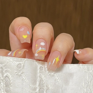 Summer Fresh Rainbow Heart Press On Nails Glossy Sweet Clouds Stars Pattern Artificial Fake Nails Set With Glue