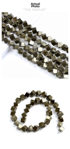 Detailed tile display of cubic pyrite beads featuring metallic luster and natural mineral texture