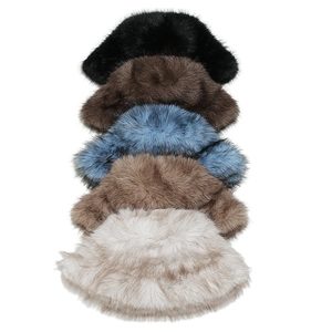Plush faux fur bucket hats for women in five gradient colors including black and beige