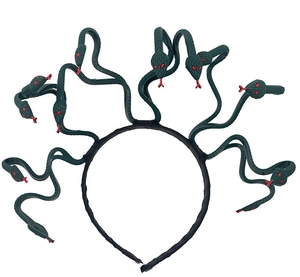 Detail view of a green Medusa snake headband with red eyes and tongues for costume use