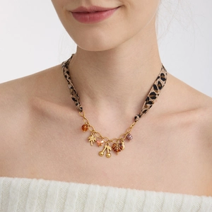 Collier en œil de tigre avec ruban léopard et breloques dorées pour femmes