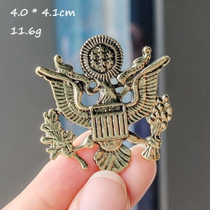 Detail of vintage bronze eagle brooch with shield design showing 4x4.1cm size and texture