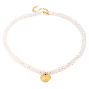 Elegant pearl necklace with golden heart pendant and adjustable chain on white background
