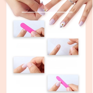 Polka dot French press-on nails set with step-by-step application instructions guide