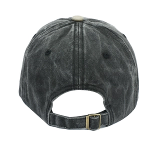 Detail of vintage washed baseball cap with adjustable bronze metal buckle at the back