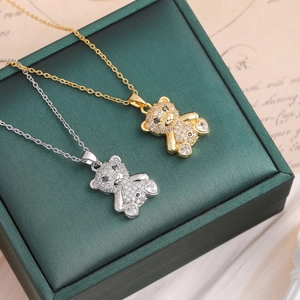 Stainless Steel Teddy Bear Pendant Necklace Zirconia Heart Gold Silver Korean Style Women Clavicle Chain Jewelry Gift