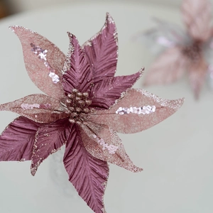 Fleur de Noël Poinsettia 25cm avec paillettes et brillants pour décor de fête