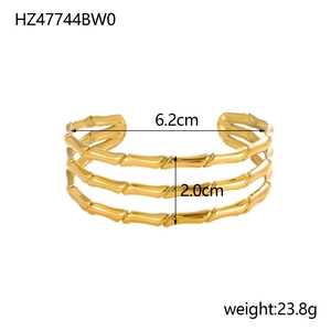 Chic 18K gold plated stainless steel C-shaped cuff bracelet with triple bamboo texture