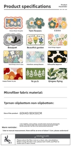 Detail grid of 12 floral microfiber bath mats with anti-slip TPR backing and dimensions