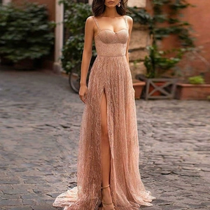 Sequin Evening Dress Spaghetti Strap High Slit Backless Floor Length Formal Party Gown Elegant Sleeveless For Women